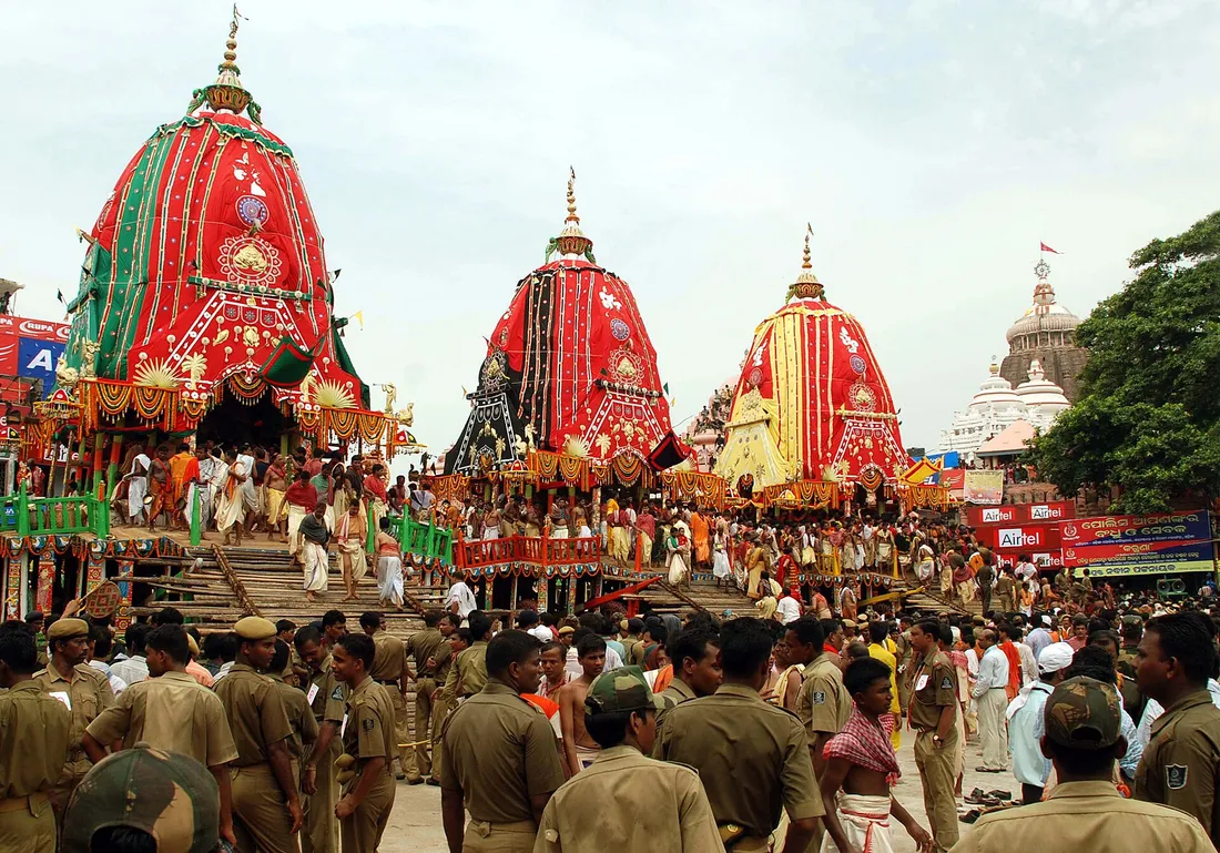 The Ratha Yatra chariot festival filling the streets of Puri