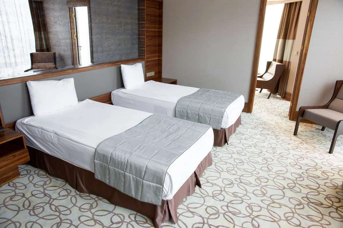 A spacious air-conditioned mini suite with separate beds and a seating corner